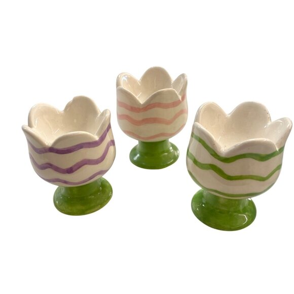 Ceramic Tulip Easter Egg Cups Pastel Stripes Purple Pink & Green Set 3 - Picture 1 of 6